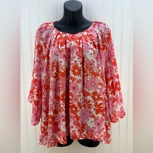 Umgee Floral Pink & Orange Flowy Blouse Medium